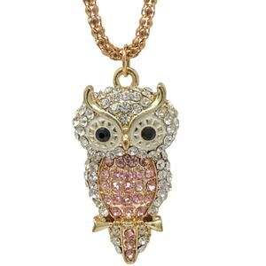 Sparkling Pink and White Crystal Owl Pendant on a Gold Chain Necklace 16"